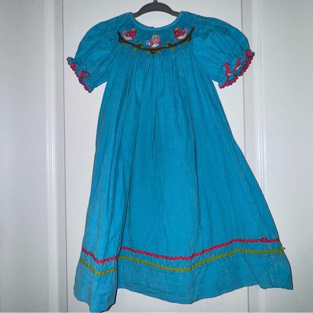 Candyland Girls 3T Blue Corduroy Smocked Bird Dress Ric Rac Trim Short Sleeve
